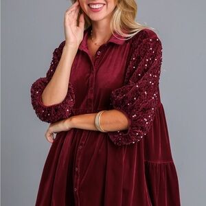 Umgee Burgundy Velvet Top with Sequin Sleeves